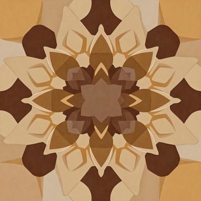 The primary subject of the image is a large, intricate, and colorful flower design. The setting is a brown and tan background, which adds to the overall visual style. The flower design appears to be a digital art or illustration, with a combination of brown, tan, and orange colors creating a warm and inviting atmosphere.